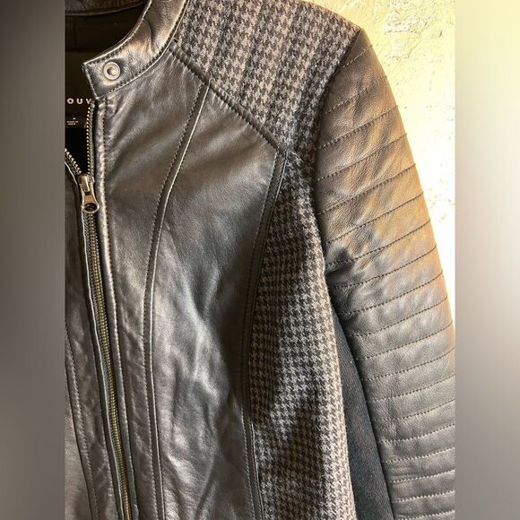 Trouve Black Quilted Bomber Jacket leather houndstooth zip up moto classic S - Picture 10 of 15